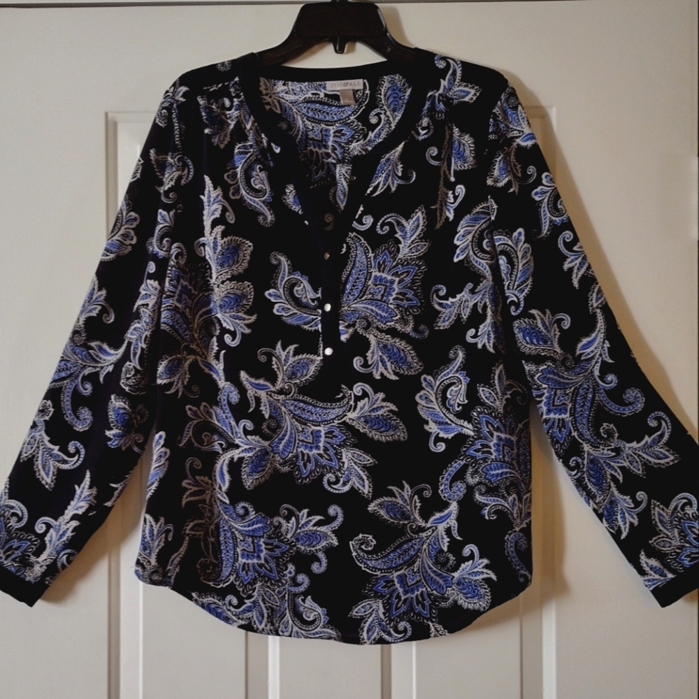 Róż & Ali Black & Blue Paisley Print Tunic Size Large